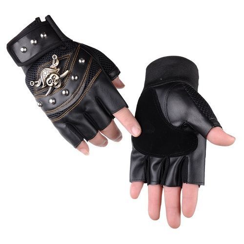 Pirate Captain PU Leather Fingerless Gloves Men Women Skulls Rivet Mitts Hip Hop Gym Gloves Female Moto Half Finger Men's Gloves(#Black)