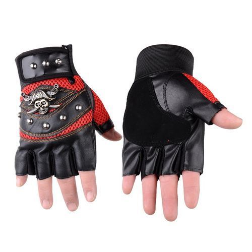 Pirate Captain PU Leather Fingerless Gloves Men Women Skulls Rivet Mitts Hip Hop Gym Gloves Female Moto Half Finger Men's Gloves(#Black)