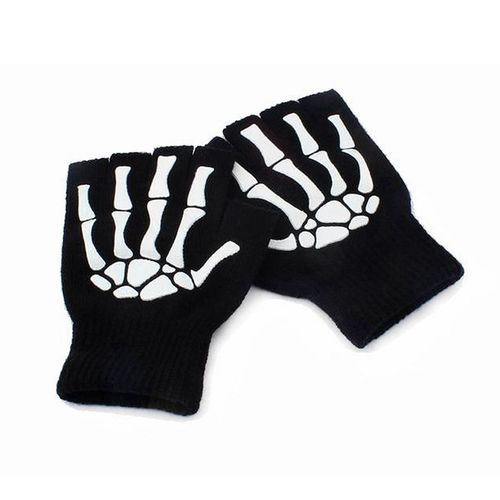 Punk Gloves Unisex Halloween Skeleton Skull Half Finger Gloves Glow In The Dark Fingerless Stretch Knitted Winter Mittens(#black)