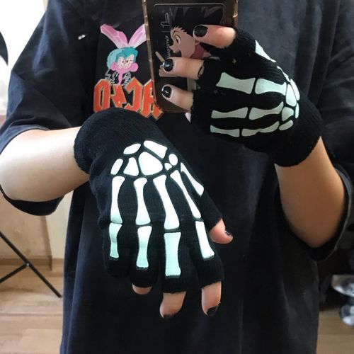 Punk Gloves Unisex Halloween Skeleton Skull Half Finger Gloves Glow In The Dark Fingerless Stretch Knitted Winter Mittens(#black)