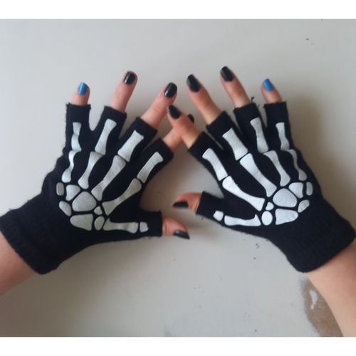 Punk Gloves Unisex Halloween Skeleton Skull Half Finger Gloves Glow In The Dark Fingerless Stretch Knitted Winter Mittens(#black)