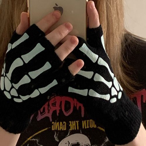 Punk Gloves Unisex Halloween Skeleton Skull Half Finger Gloves Glow In The Dark Fingerless Stretch Knitted Winter Mittens(#black)