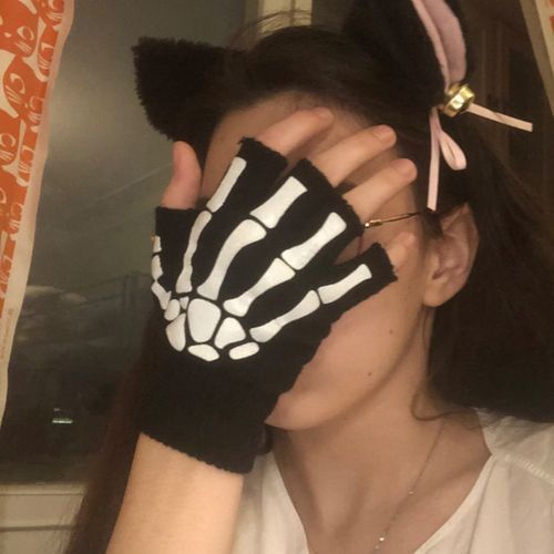 Punk Gloves Unisex Halloween Skeleton Skull Half Finger Gloves Glow In The Dark Fingerless Stretch Knitted Winter Mittens(#black)