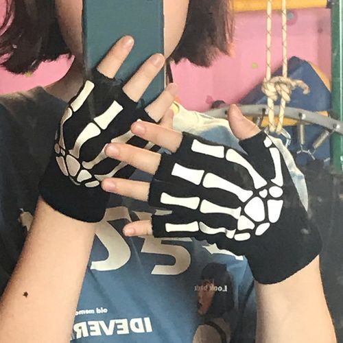 Punk Gloves Unisex Halloween Skeleton Skull Half Finger Gloves Glow In The Dark Fingerless Stretch Knitted Winter Mittens(#black)