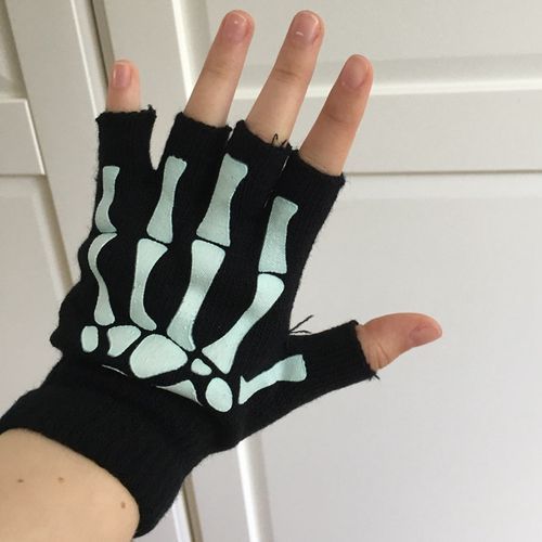 Punk Gloves Unisex Halloween Skeleton Skull Half Finger Gloves Glow In The Dark Fingerless Stretch Knitted Winter Mittens(#black)