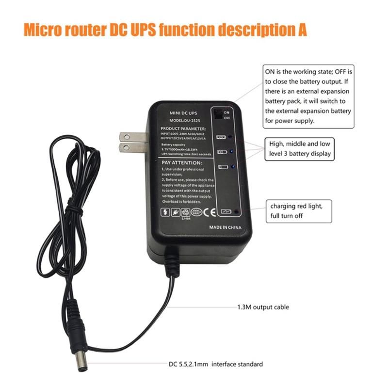 Rechargeable 5000MAh 5V 9V 12V UPS Uninterrupted Power Supply 55X21Mm Output for WiFi Router LED US Plug
