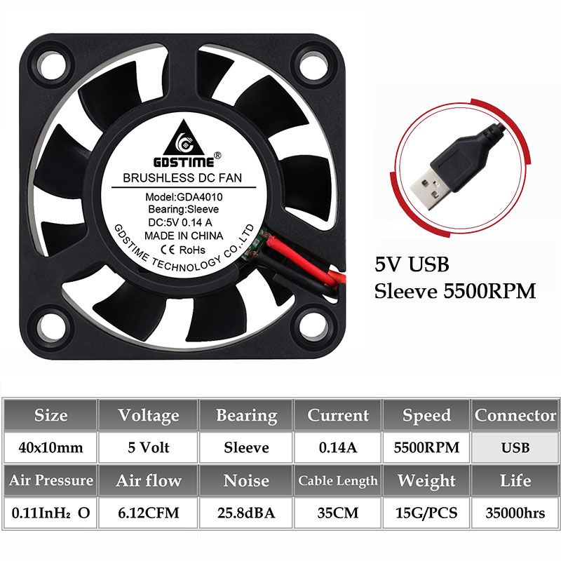2Pcs Gdstime DC 40mm X 40mm X 10mm 2-Pin Ball Bearing Computer PC Case Cooling Fan 4010 5V USB 5500RPM