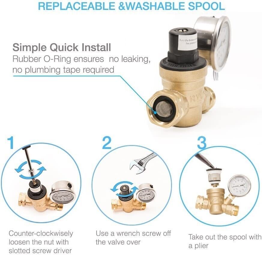 RV Water Pressure Regulator Brass Adjustable Pressure Relief