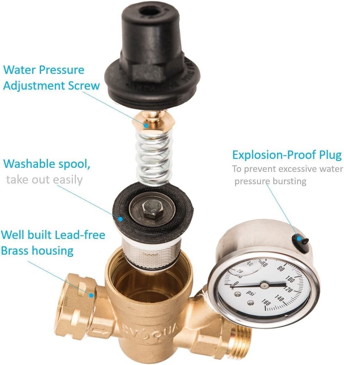 RV Water Pressure Regulator Brass Adjustable Pressure Relief
