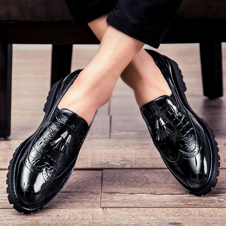 Men Glossy Tassel Brogue Leather Shoes Loafers & Slip-ons Formal Corporate Black