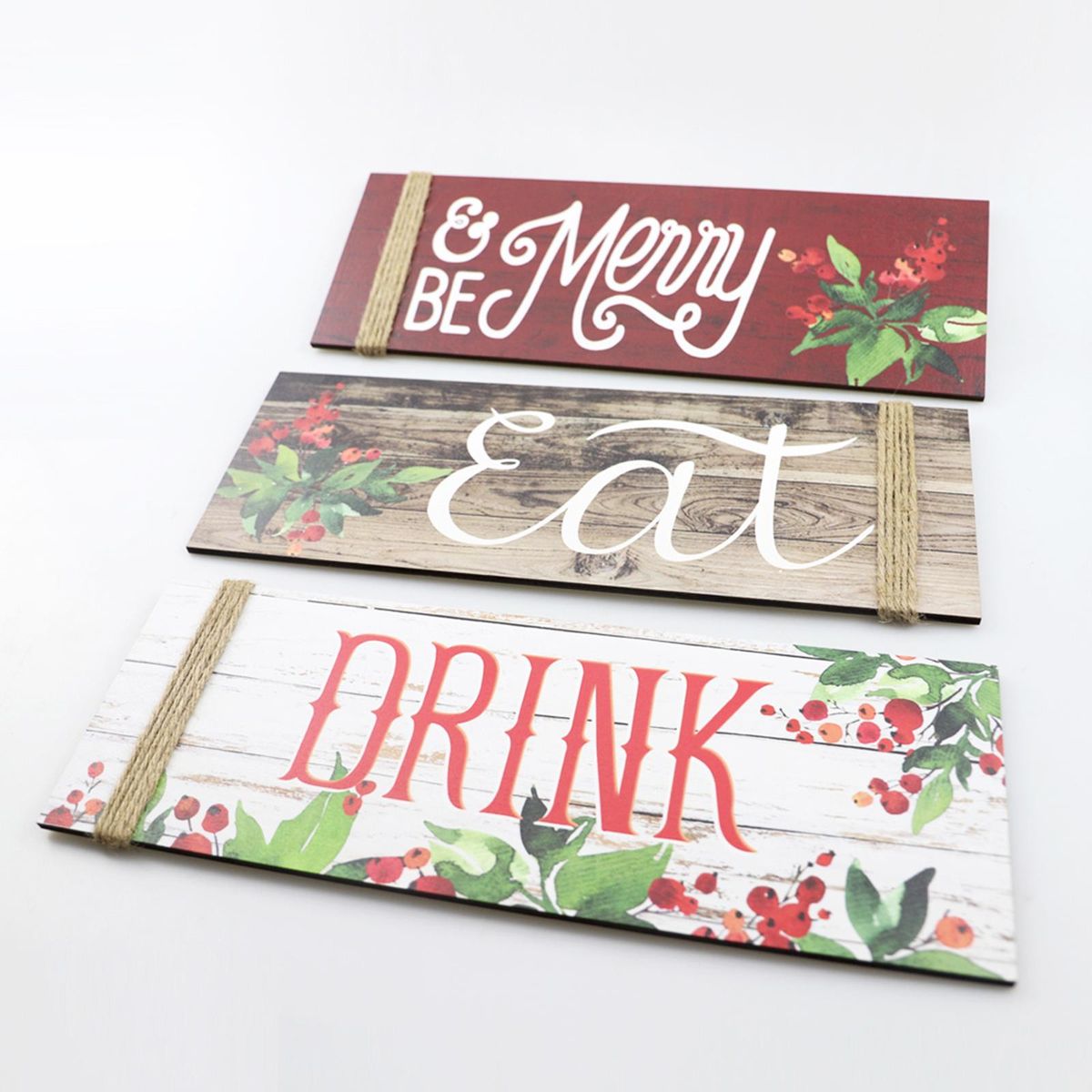 3PCS Christmas Wood Home Sign Be Merry & Eat & Drink Pattern Merry Christmas Front Door Sign for Wall Christmas Party Decoration