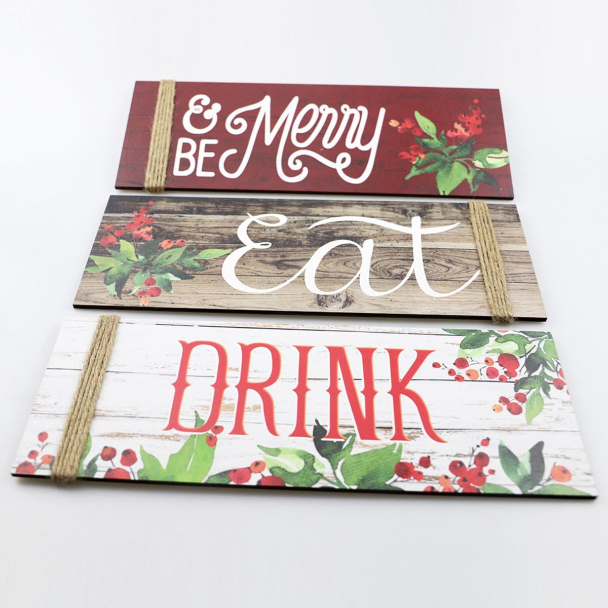 3PCS Christmas Wood Home Sign Be Merry & Eat & Drink Pattern Merry Christmas Front Door Sign for Wall Christmas Party Decoration