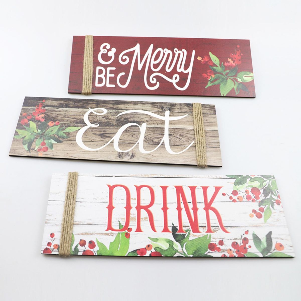 3PCS Christmas Wood Home Sign Be Merry & Eat & Drink Pattern Merry Christmas Front Door Sign for Wall Christmas Party Decoration