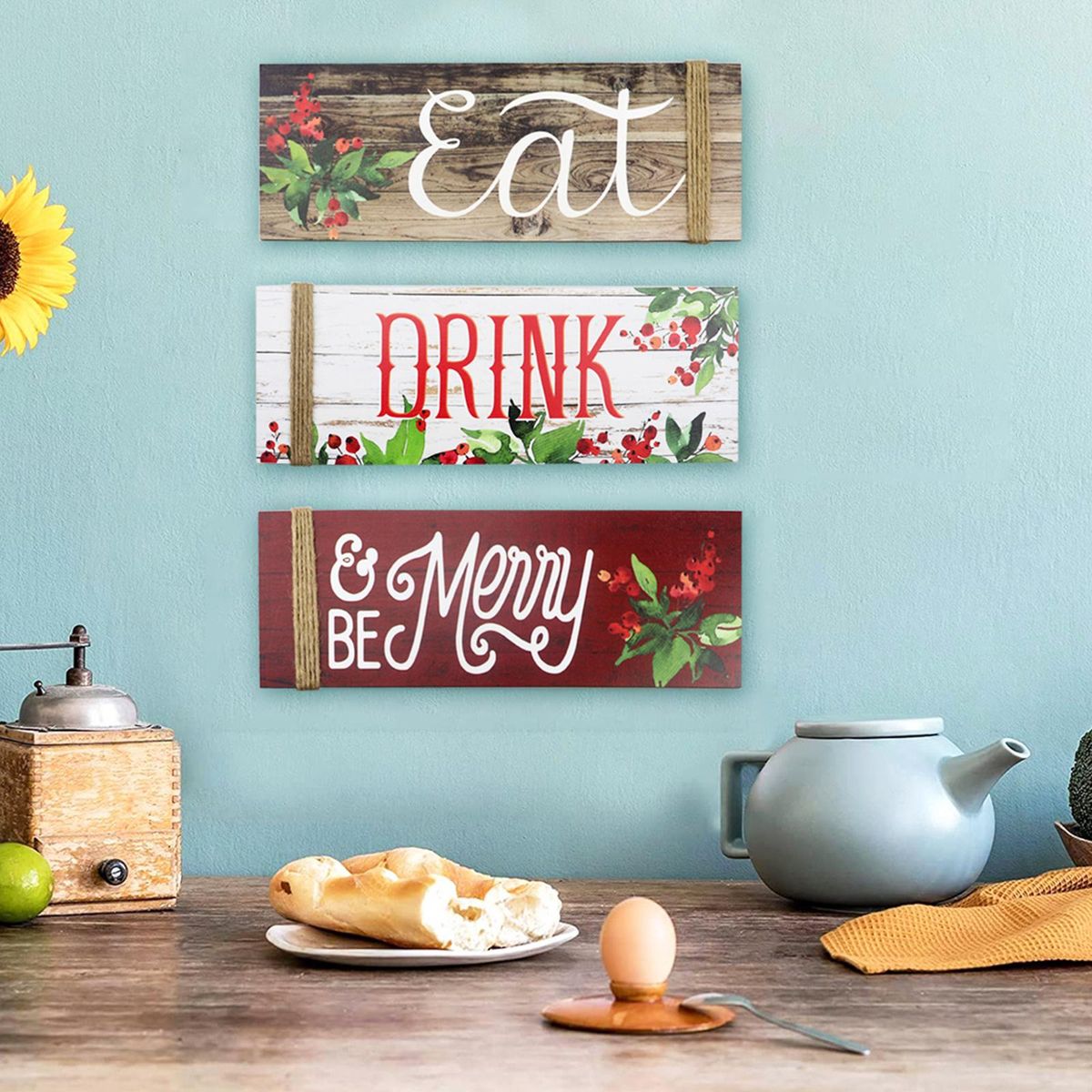 3PCS Christmas Wood Home Sign Be Merry & Eat & Drink Pattern Merry Christmas Front Door Sign for Wall Christmas Party Decoration