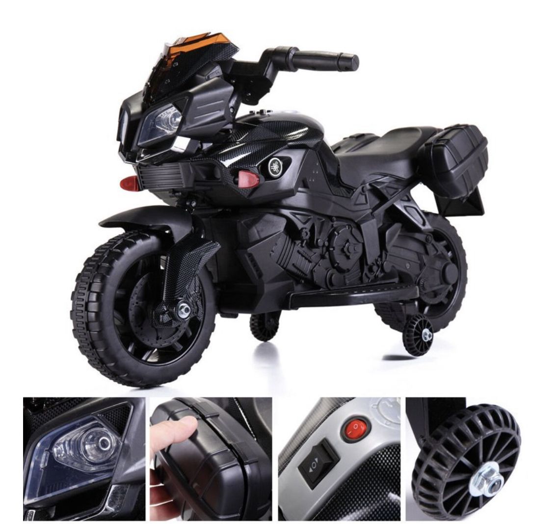 Hommoo Kids Ride On Motorcycle, Black 6V Battery Powered 4 Wheels Motorcycle Toy For Children Boys & Girls