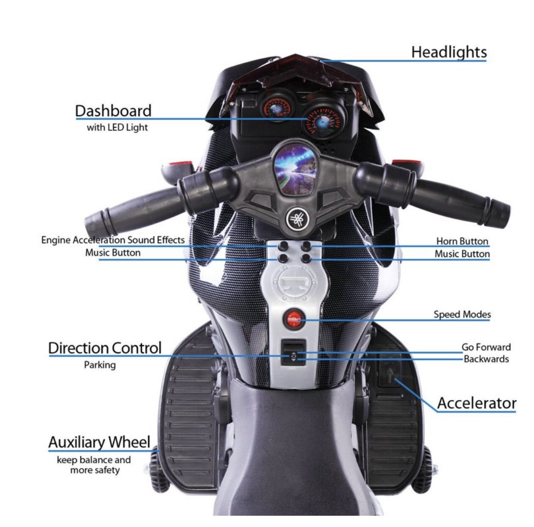 Hommoo Kids Ride On Motorcycle, Black 6V Battery Powered 4 Wheels Motorcycle Toy For Children Boys & Girls