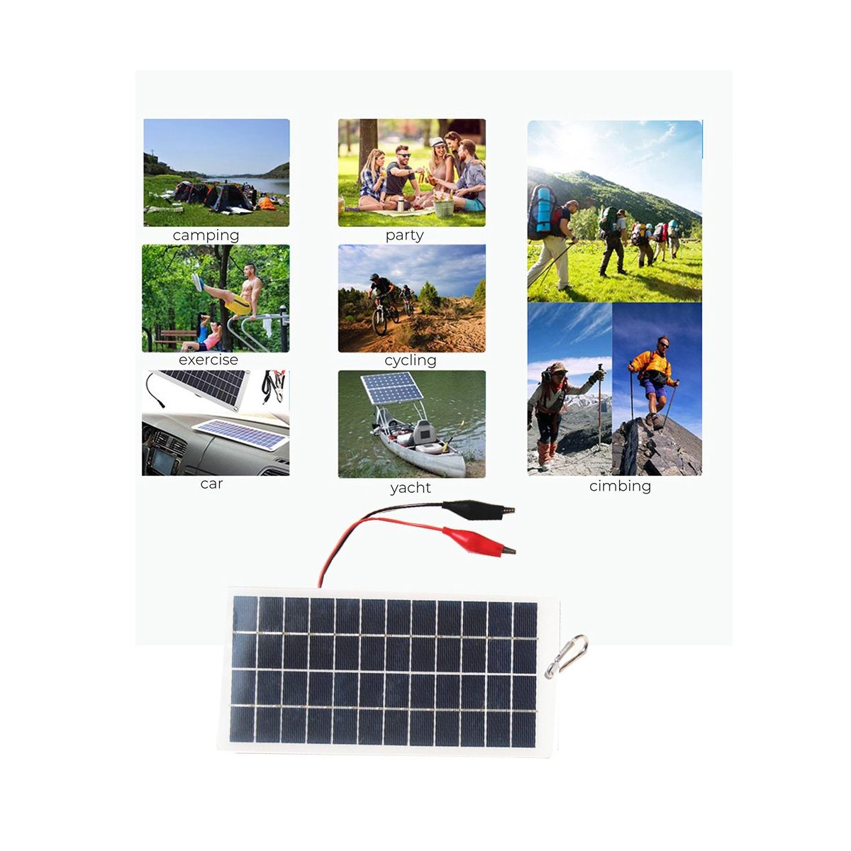 5W 12V Polysilicon Solar Panel Outdoor Portable Waterproof Charging Panel with Clips Can Charge 9-12V Battery