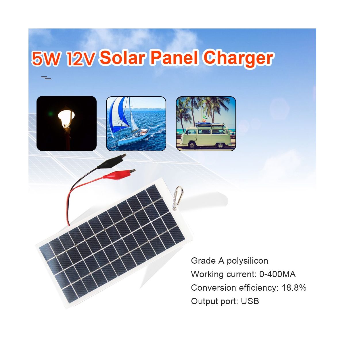 5W 12V Polysilicon Solar Panel Outdoor Portable Waterproof Charging Panel with Clips Can Charge 9-12V Battery