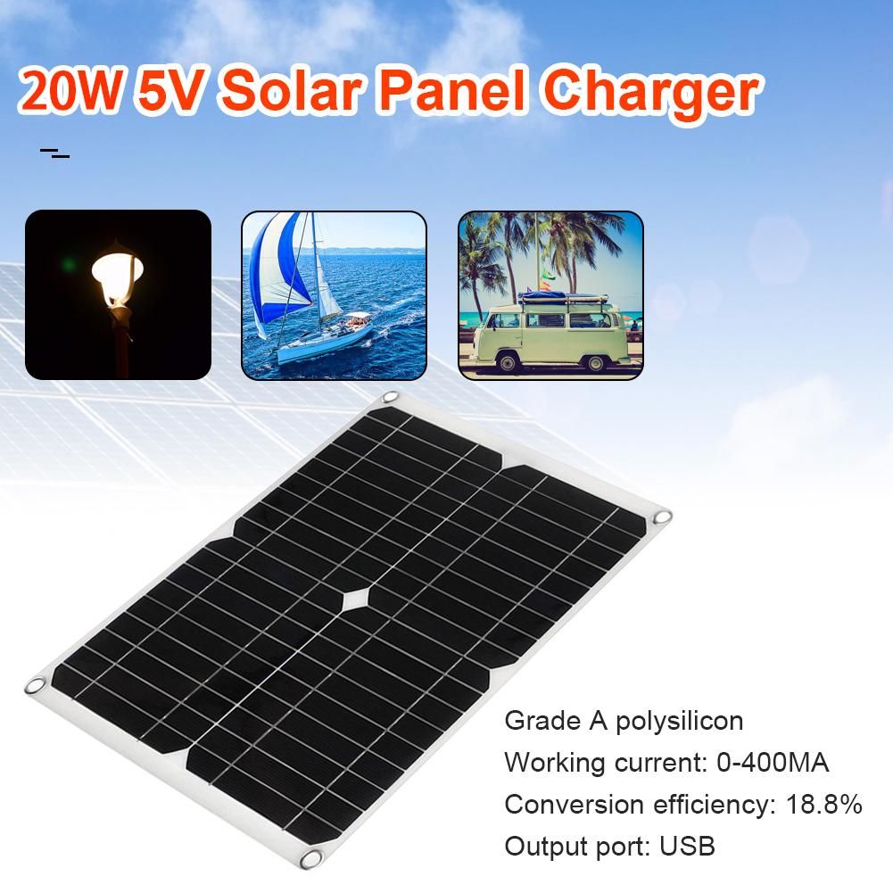 20W 18V Car Battery Solar Charger Outdoor Portable USB Monocrystalline Solar Panel for Mobile Phone Action Camera Car
