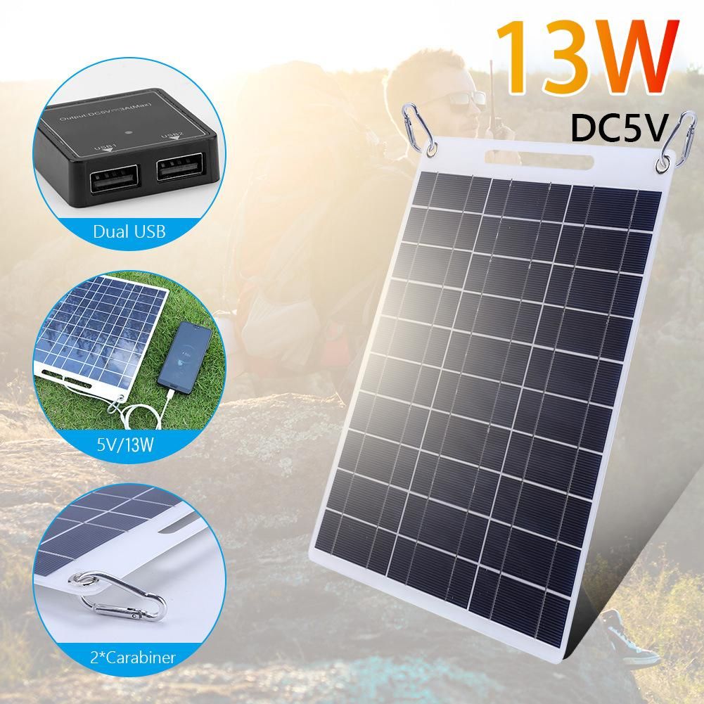 13W 5V Solar Panel Outdoor Monocrystalline Silicon Dual USB Solar Flexible Charging Panel for Charging 5V Devices