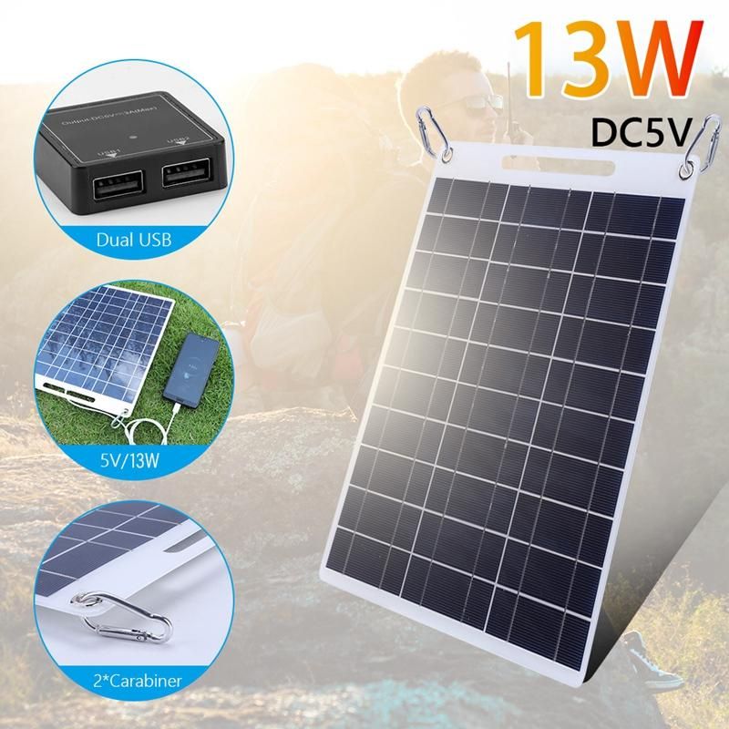 13W 5V Solar Panel Outdoor Monocrystalline Silicon Dual USB Solar Flexible Charging Panel for Charging 5V Devices