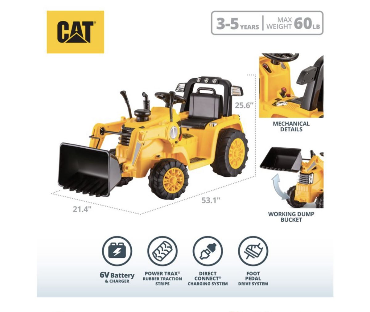 CAT Tractor Bull Dozer, Digger, Ride-On Toy By Kid Trax, Yellow