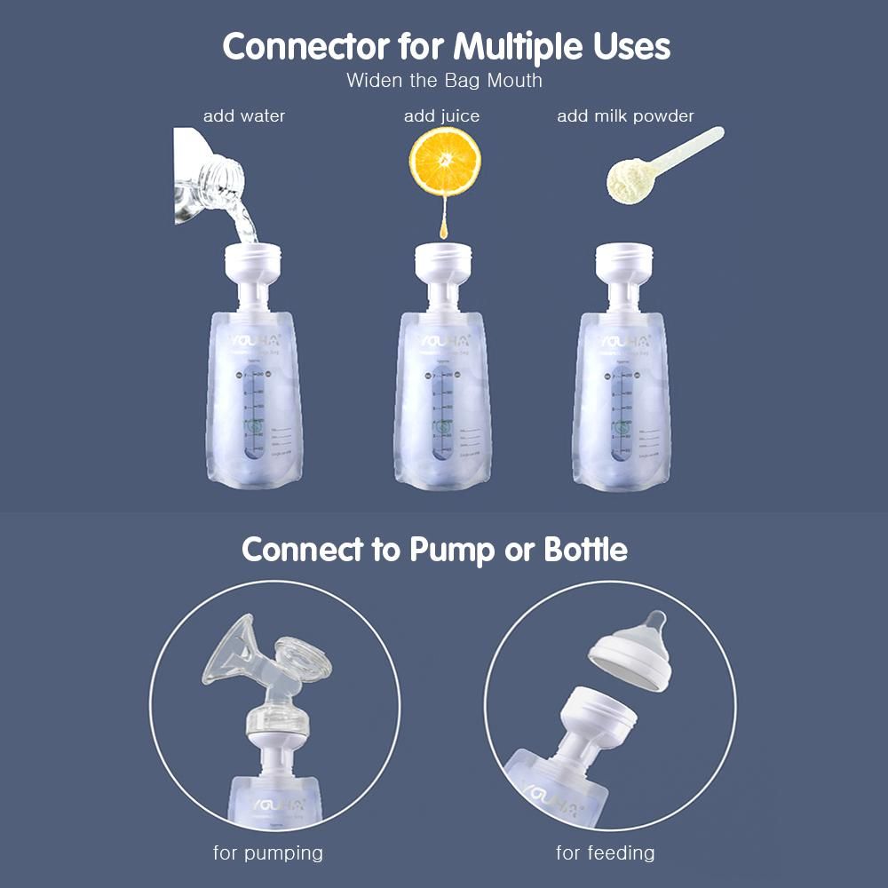 YOUHA 40 PCS Breast Milk Storage Bags 7oz/ 210ml with Connector for Breast Pump & Milk Bottle BPA-free Milk Storing & Freezing & Heating Bag Container for Baby Infants Newborn