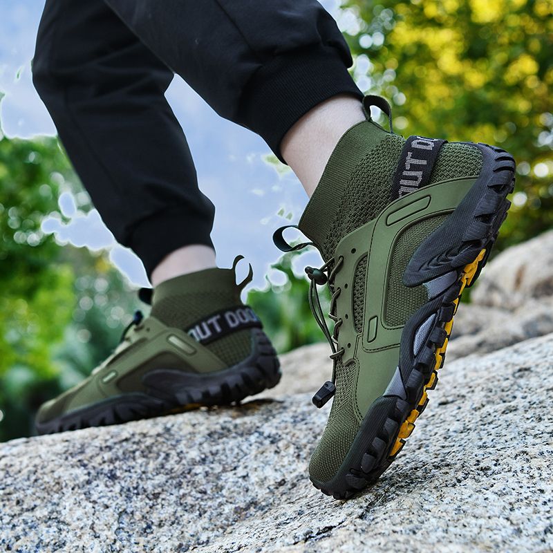 Men's Fashion Outdoor Hiking & Trekking Shoes Big Size 38-48 High Quality Elastic Fabric+Microfiber Leather Breathable Climbing Mountain Sneakers Army Green