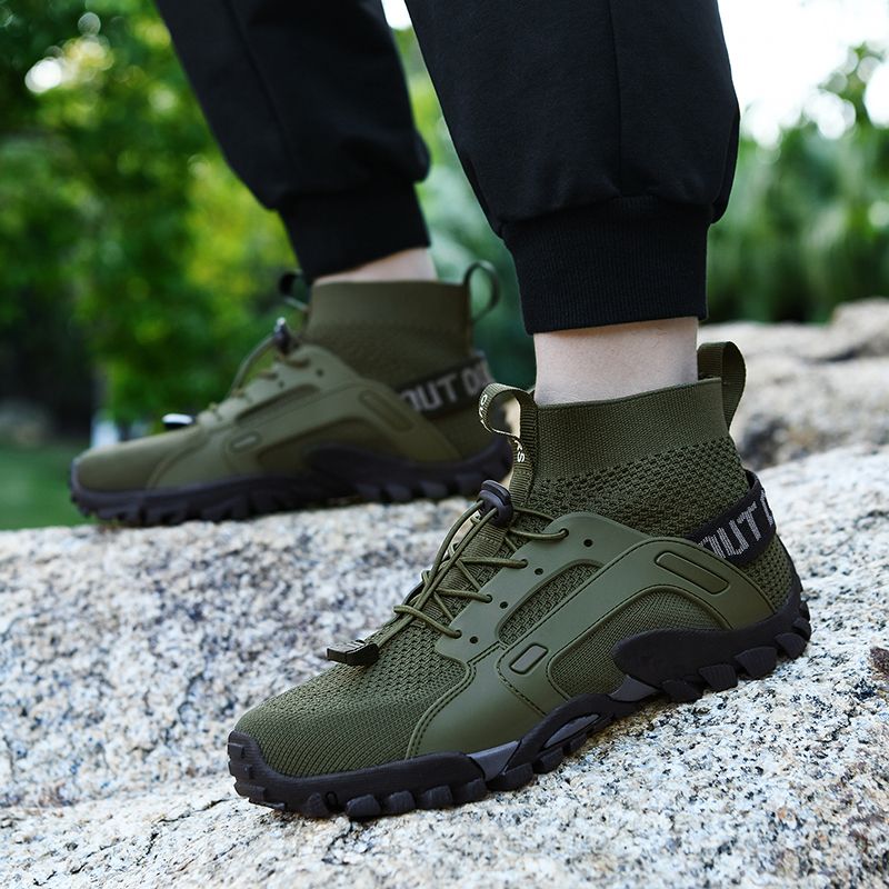 Men's Fashion Outdoor Hiking & Trekking Shoes Big Size 38-48 High Quality Elastic Fabric+Microfiber Leather Breathable Climbing Mountain Sneakers Army Green