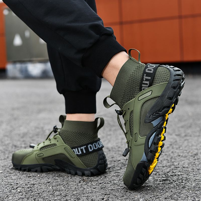 Men's Fashion Outdoor Hiking & Trekking Shoes Big Size 38-48 High Quality Elastic Fabric+Microfiber Leather Breathable Climbing Mountain Sneakers Army Green