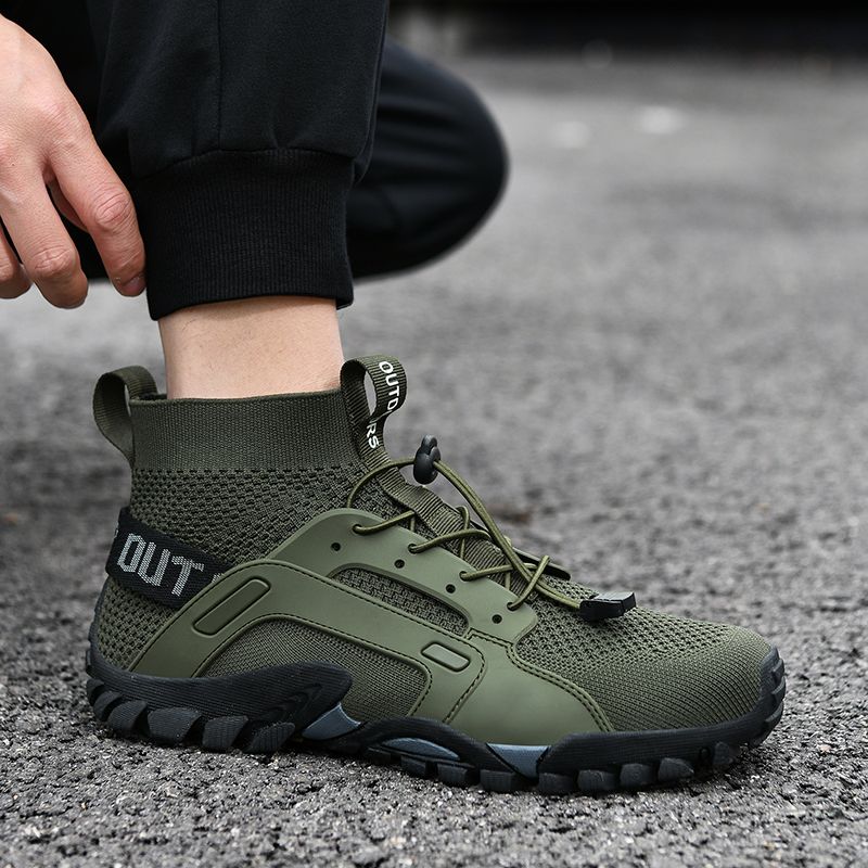 Men's Fashion Outdoor Hiking & Trekking Shoes Big Size 38-48 High Quality Elastic Fabric+Microfiber Leather Breathable Climbing Mountain Sneakers Army Green