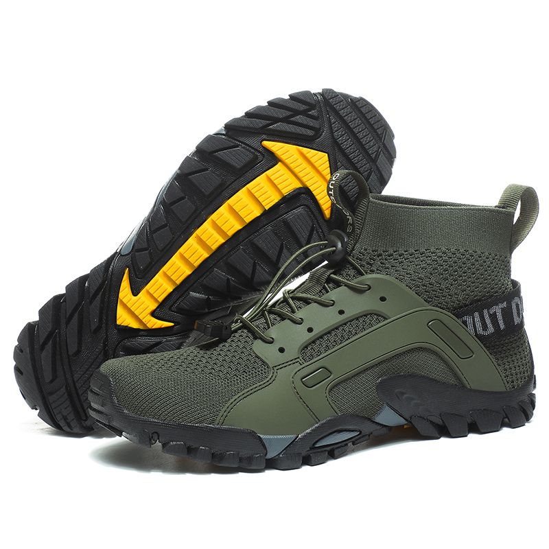 Men's Fashion Outdoor Hiking & Trekking Shoes Big Size 38-48 High Quality Elastic Fabric+Microfiber Leather Breathable Climbing Mountain Sneakers Army Green