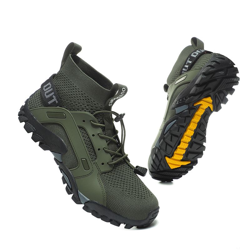 Men's Fashion Outdoor Hiking & Trekking Shoes Big Size 38-48 High Quality Elastic Fabric+Microfiber Leather Breathable Climbing Mountain Sneakers Army Green