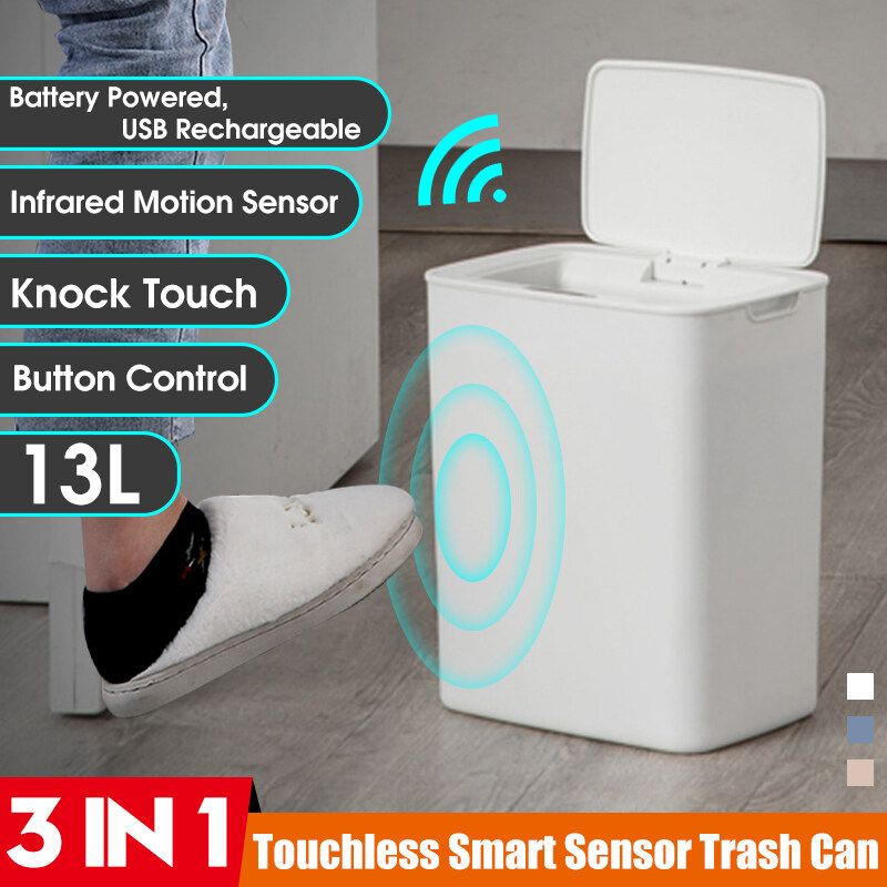 3IN1 13L Smart Touch-free Motion/Knock/Touch Sensor Dustbin Rubbish Waste White USB Rechargeable