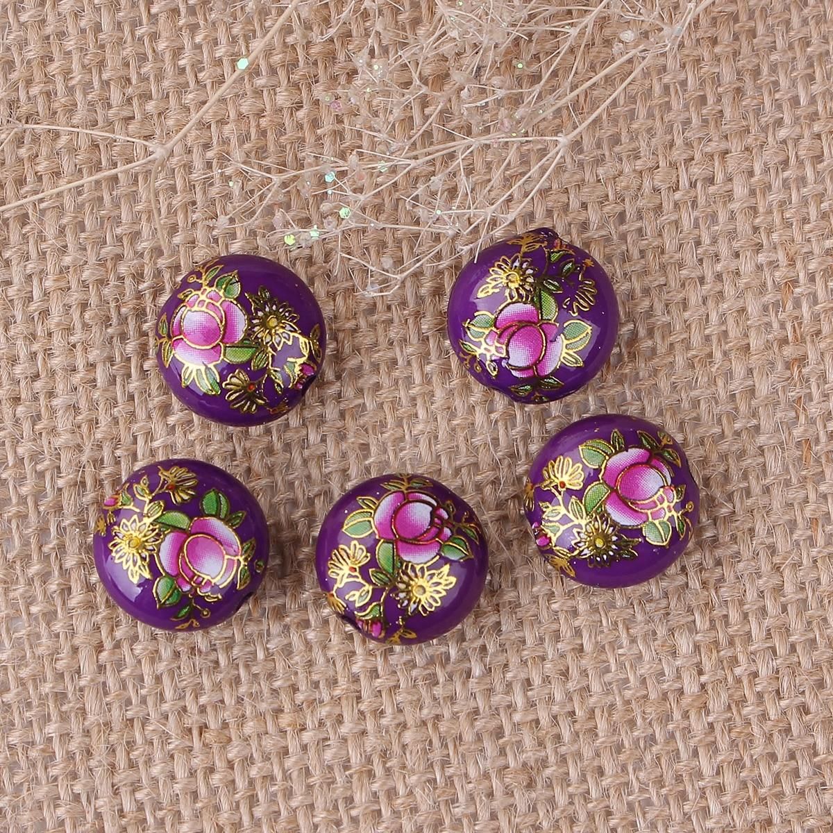 Resin Japan Painting Vintage Japanese Tensha Spacer Beads Ball Purple Rose Flower Pattern About 16mm Dia, 5 PCs