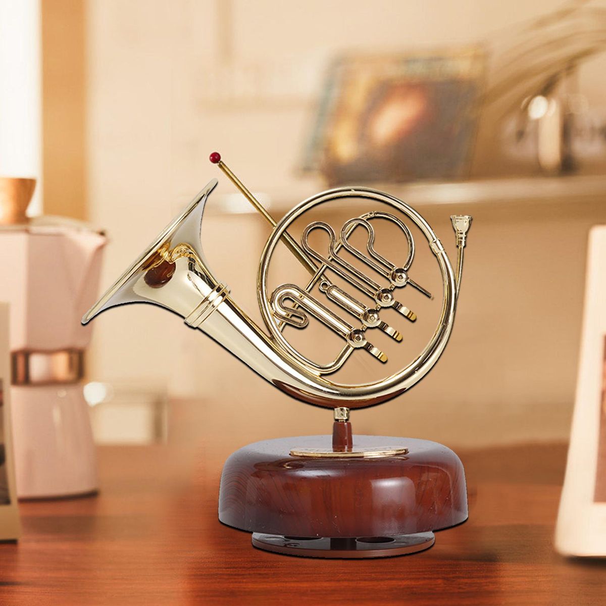 French Horn Music Box Classical Wind Up Musicbox Twirling Music Box Rotating Base Brass Wind Instrument Miniature Replica Artware Gift for Christmas Birthday Valentine's Day Mother's Day Father's Day