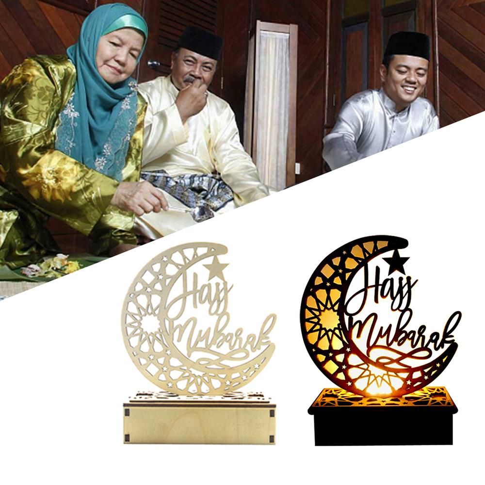 Wooden Moon L-ed Light Decoration with Letters Ramadan Eid Mubarak Home Decor Craft