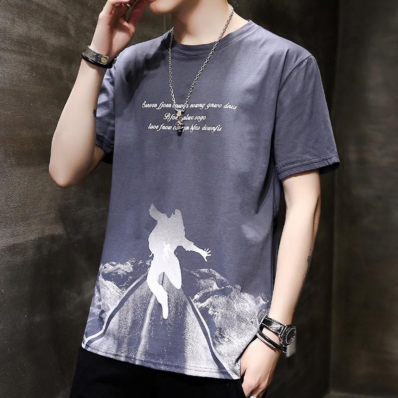 Men summer icon printed short sleeve round neck T-shirt cotton - Parkour Grey