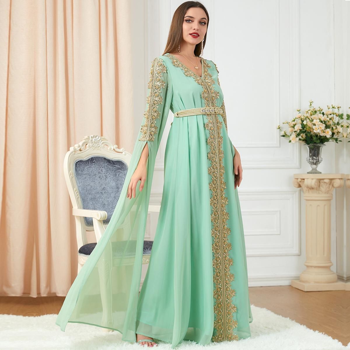 3229 Dubai women's patchwork ultra long sleeved autumn women's abaya dress dress