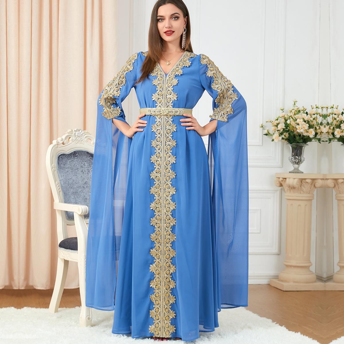 3229 Dubai women's patchwork ultra long sleeved autumn women's abaya dress dress