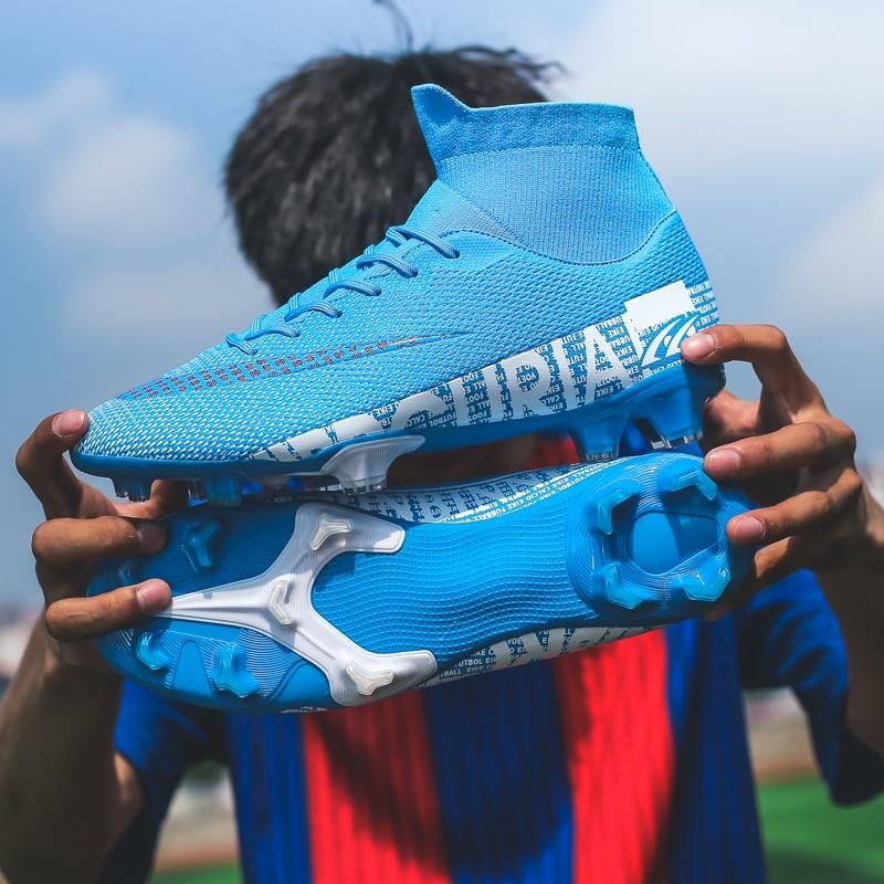 Men Soccer Shoes AG High Ankle Football Boots MenSneakers-Blue