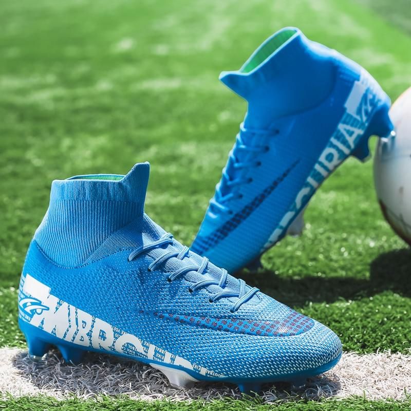 Men Soccer Shoes AG High Ankle Football Boots MenSneakers-Blue