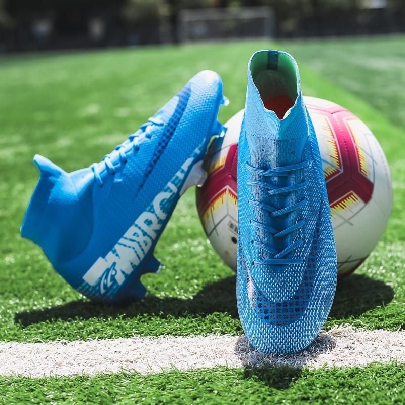 Men Soccer Shoes AG High Ankle Football Boots MenSneakers-Blue