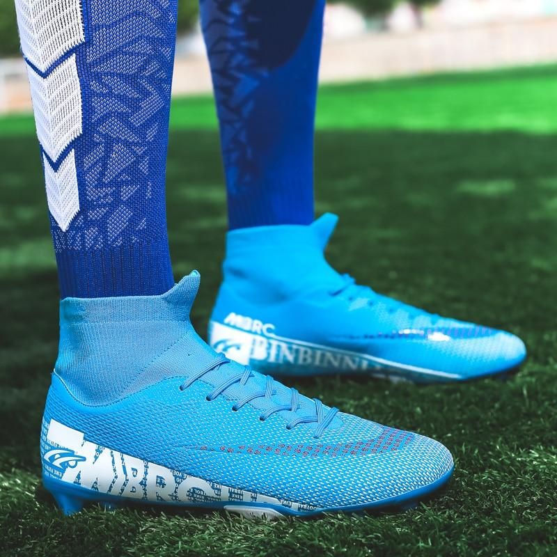 Men Soccer Shoes AG High Ankle Football Boots MenSneakers-Blue