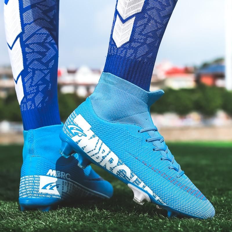 Men Soccer Shoes AG High Ankle Football Boots MenSneakers-Blue