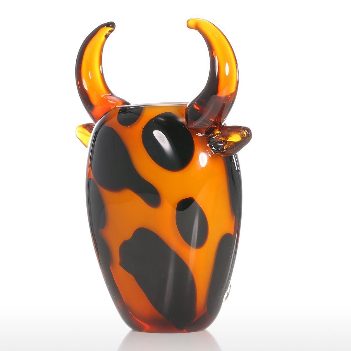 Tooarts Cow Container Gift Glass Ornament Animal Figurine Handblown Home Decor Yellow & Black