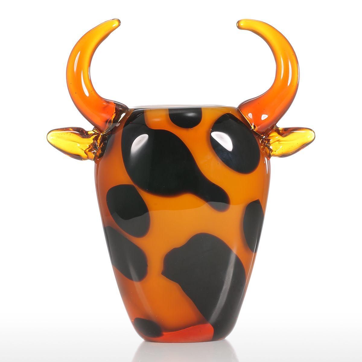 Tooarts Cow Container Gift Glass Ornament Animal Figurine Handblown Home Decor Yellow & Black