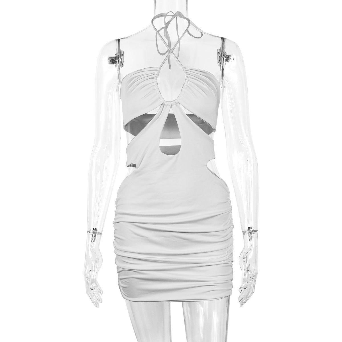 2023 New Women's Hanging Neck Wrap Hip Dress Summer Sexy Hollow out Lace Up Fold Wrap Hip Dress