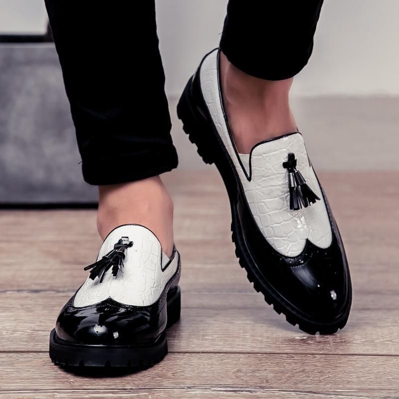 Male Formal Shoes Glossy Tassel Brogue Leather Shoes-White