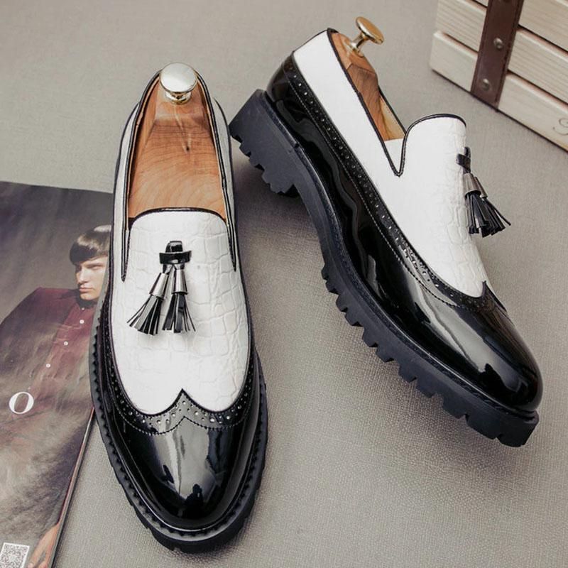 Male Formal Shoes Glossy Tassel Brogue Leather Shoes-White